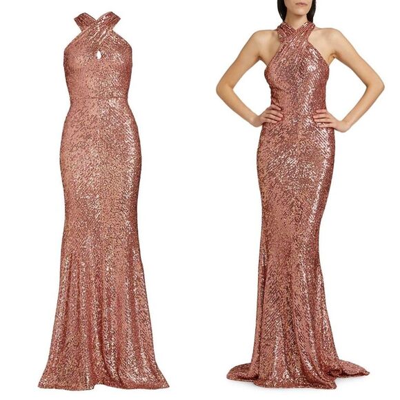 NWT Naeem Khan Crisscross Halter Open Back Bodycon Sequin Evening Gown Pink Sz 8 - Picture 1 of 11